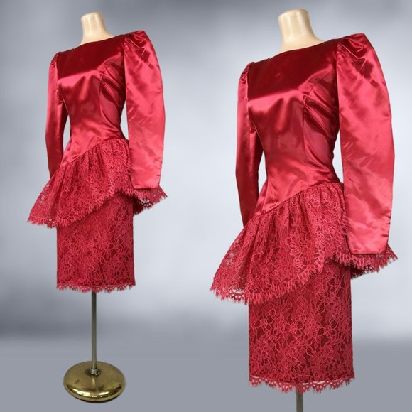 Vintage 80s Red Satin and Lace Peplum Cocktail Party Dress by Sylvia Ann Size 8 - Picture 6 of 10